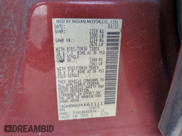 2015 Nissan Xterra S with VIN 5N1AN0NU1FN661111, listed as a Copart auction lot 78238014 with 149,592 mi miles and Salvage Title. Bid and sale history available at DreamBid. Image 13.