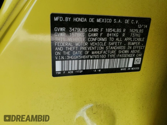 2015 Honda Fit EX-L z VIN 3HGGK5H8XFM765160, wystawiony jako Copart lot #55809025 z przebiegiem 77 631 mil mil oraz Szkoda całkowita • Salvage title. Historia ofert i sprzedaży dostępna na DreamBid. Obrazek 12.