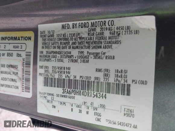 2013 Ford Fusion SE with VIN 3FA6P0HR4DR154344, listed as a IAAI auction lot 42168618 with 206,954 mi miles and . Bid and sale history available at DreamBid. Image 9.