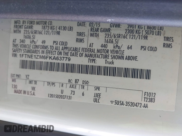 2015 Ford Transit Cargo with VIN 1FTNE1ZM6FKA63779, listed as a IAAI auction lot 41367212 with 208,866 mi miles and . Bid and sale history available at carsss.com. Image 9.