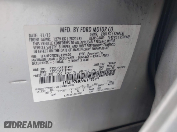 2014 Ford Taurus SEL z VIN 1FAHP2E82EG139690, wystawiony jako IAAI lot #42312483 z przebiegiem 170 029 mil mil oraz . Historia ofert i sprzedaży dostępna na DreamBid. Obrazek 9.