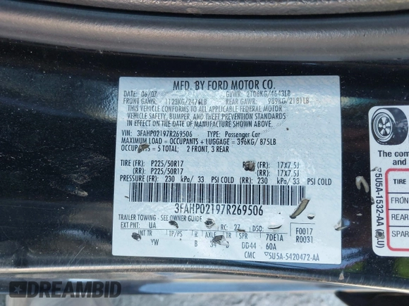 2007 Ford Fusion SEL with VIN 3FAHP02197R269506, listed as a IAAI auction lot 40588828 with 196,951 mi miles. Bid and sale history available at carsss.com. Image 9.