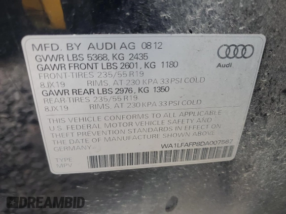 2013 Audi Q5 Premium Plus with VIN WA1LFAFP8DA007567, listed as a Copart auction lot 63413975 with 153,269 mi miles and Clean title. Bid and sale history available at DreamBid. Image 12.
