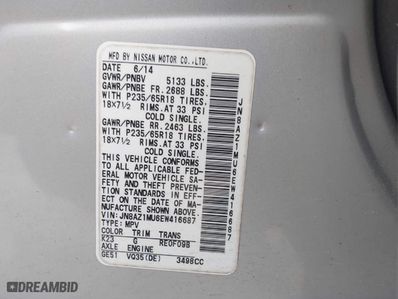 2014 Nissan Murano S with VIN JN8AZ1MU6EW416687, listed as a IAAI auction lot 42015846 with 221,252 mi miles. Bid and sale history available at carsss.com. Image 9.