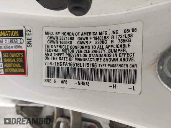 2006 Honda Civic LX with VIN 1HGFA16516L115196, listed as a IAAI auction lot 42125528 with 221,861 mi miles and . Bid and sale history available at DreamBid. Image 9.