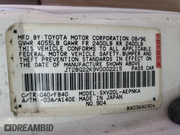 1997 Toyota Camry LE z VIN JT2BG22K9V0002215, wystawiony jako Copart lot #56932955 z przebiegiem 265 776 mil mil oraz Szkoda całkowita • Salvage title. Historia ofert i sprzedaży dostępna na DreamBid. Obrazek 12.
