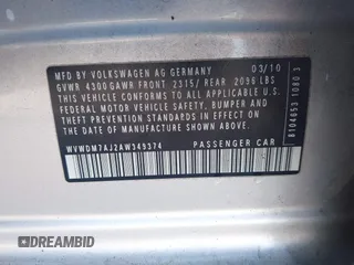 2010 Volkswagen Golf TDI with VIN WVWDM7AJ2AW349374, listed as a IAAI auction lot 42550014 with 224,337 mi miles and . Bid and sale history available at DreamBid. Image 9.