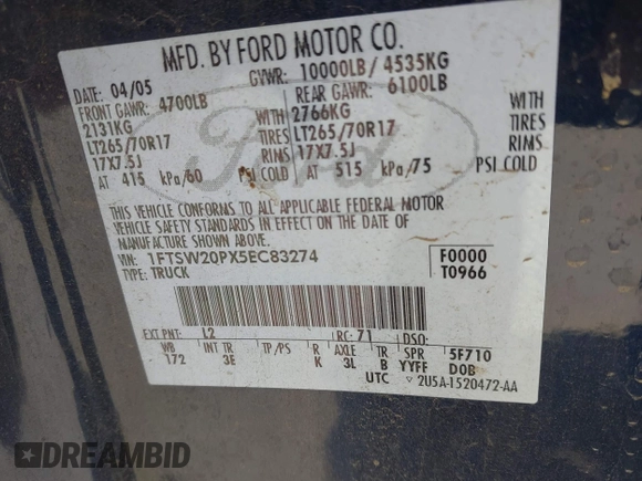 2005 Ford F-250 XL with VIN 1FTSW20PX5EC83274, listed as a IAAI auction lot 42279325 with Not provided miles and . Bid and sale history available at DreamBid. Image 9.