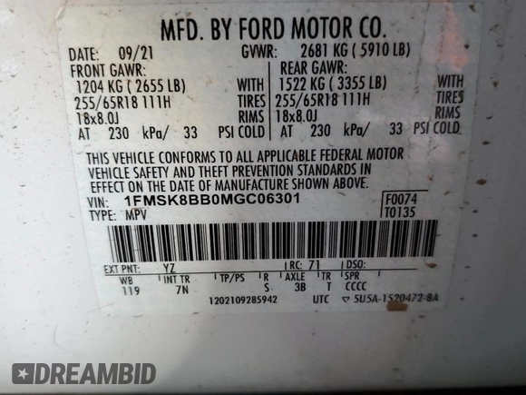 2021 Ford Explorer with VIN 1FMSK8BB0MGC06301, listed as a Copart auction lot 82760294 with 40,381 mi miles and Salvage Title. Bid and sale history available at carsss.com. Image 14.