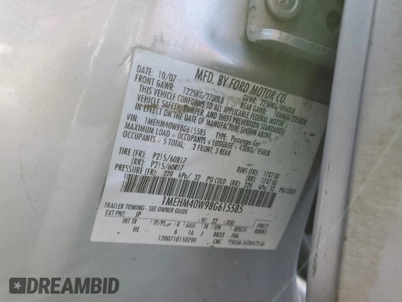 2008 Mercury Sable with VIN 1MEHM40W98G615585, listed as a Copart auction lot 46117115 with 131,240 mi miles and Salvage title. Bid and sale history available at DreamBid. Image 14.