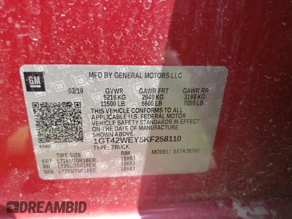 2019 GMC Sierra 3500HD Denali z VIN 1GT42WEY5KF258110, wystawiony jako Copart lot #65333944 z przebiegiem Nie podano mil oraz Szkoda całkowita • Salvage title. Historia ofert i sprzedaży dostępna na DreamBid. Obrazek 13.