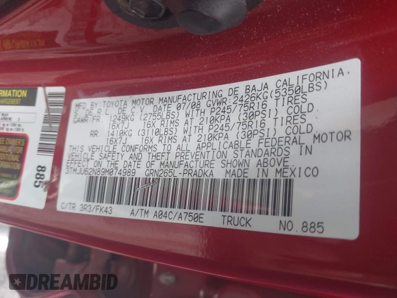 2009 Toyota Tacoma PreRunner with VIN 3TMJU62N89M074989, listed as a IAAI auction lot 42352332 with 277,020 mi miles and . Bid and sale history available at DreamBid. Image 9.