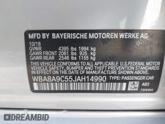 2018 BMW 3 Series 320i with VIN WBA8A9C55JAH14990, listed as a IAAI auction lot 41719896 with 77,472 mi miles. Bid and sale history available at carsss.com. Image 9.