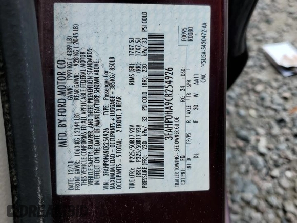 2012 Ford Fusion SE with VIN 3FAHP0HA9CR254926, listed as a Copart auction lot 61938685 with 62,483 mi miles and Salvage title. Bid and sale history available at DreamBid. Image 12.