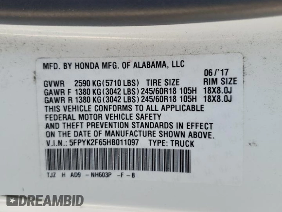 2017 Honda Ridgeline RTL-T with VIN 5FPYK2F65HB011097, listed as a Copart auction lot 63687965 with 186,157 mi miles and Salvage title. Bid and sale history available at DreamBid. Image 12.