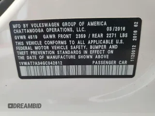 2016 Volkswagen Passat S with VIN 1VWAT7A34GC042612, listed as a Copart auction lot 57179225 with 66,014 mi miles and Salvage title. Bid and sale history available at DreamBid. Image 13.