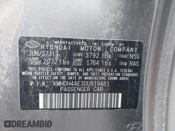 2013 Hyundai Elantra GLS with VIN KMHDH4AE3DU919481, listed as a IAAI auction lot 41971439 with 176,053 mi miles and . Bid and sale history available at DreamBid. Image 9.