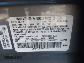 2017 Infiniti Q50 Premium with VIN JN1EV7AP3HM742461, listed as a IAAI auction lot 41307826 with 82,486 mi miles and . Bid and sale history available at DreamBid. Image 9.