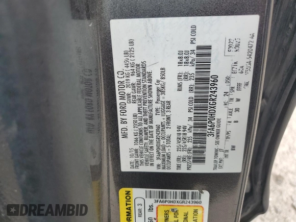 2016 Ford Fusion SE with VIN 3FA6P0HDXGR243960, listed as a Copart auction lot 58575615 with 163,124 mi miles and Salvage title. Bid and sale history available at DreamBid. Image 12.