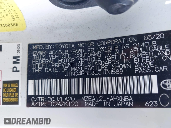 2020 Toyota Corolla Hatchback XSE with VIN JTNC4RBE3L3100588, listed as a IAAI auction lot 41530559 with 94,356 mi miles. Bid and sale history available at carsss.com. Image 9.