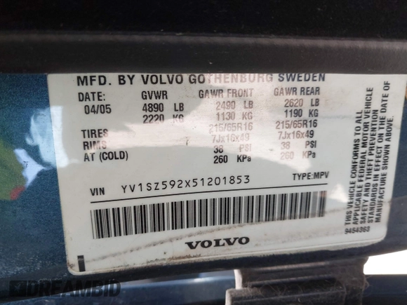 2005 Volvo XC70 with VIN YV1SZ592X51201853, listed as a IAAI auction lot 41655136 with 151,203 mi miles and . Bid and sale history available at DreamBid. Image 9.