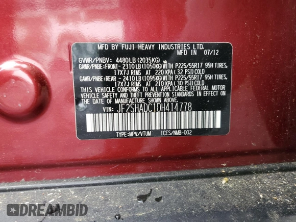 2013 Subaru Forester X Premium with VIN JF2SHADC1DH414778, listed as a Copart auction lot 57718265 with 139,387 mi miles and Salvage title. Bid and sale history available at DreamBid. Image 13.