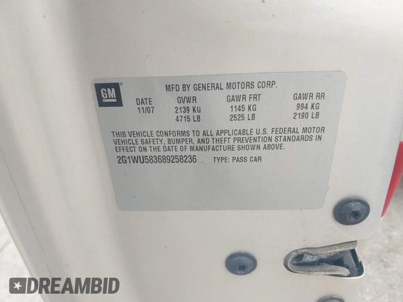 2008 Chevrolet Impala LTZ with VIN 2G1WU583689258236, listed as a IAAI auction lot 41926064 with 202,790 mi miles and . Bid and sale history available at DreamBid. Image 9.
