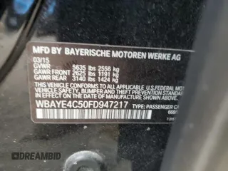 2015 BMW 7 Series 740Li with VIN WBAYE4C50FD947217, listed as a Copart auction lot 87899785 with Not provided miles and Salvage title. Bid and sale history available at DreamBid. Image 12.