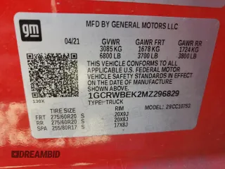 2021 Chevrolet Silverado 1500 Custom with VIN 1GCRWBEK2MZ296829, listed as a Copart auction lot 52145575 with 96,109 mi miles and Salvage Title. Bid and sale history available at DreamBid. Image 12.