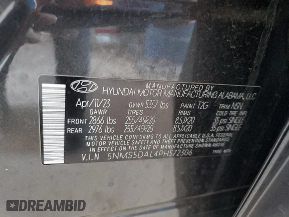 2023 Hyundai Santa Fe Calligraphy with VIN 5NMS5DAL4PH572306, listed as a Copart auction lot 57300625 with 23,957 mi miles and Salvage title. Bid and sale history available at DreamBid. Image 12.