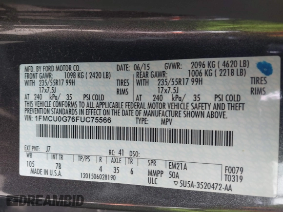 2015 Ford Escape SE with VIN 1FMCU0G76FUC75566, listed as a IAAI auction lot 41896028 with 207,656 mi miles. Bid and sale history available at carsss.com. Image 9.