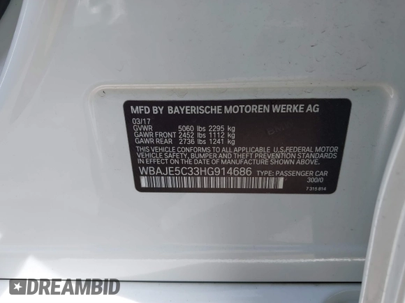 2017 BMW 5 Series 540i with VIN WBAJE5C33HG914686, listed as a IAAI auction lot 41755426 with 62,396 mi miles and . Bid and sale history available at carsss.com. Image 9.