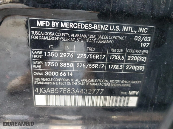 2003 Mercedes-Benz M-Class 3.7L with VIN 4JGAB57E83A432777, listed as a Copart auction lot 45981795 with 155,900 mi miles and Salvage Title. Bid and sale history available at carsss.com. Image 15.