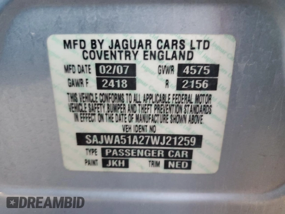 2007 Jaguar X-Type z VIN SAJWA51A27WJ21259, wystawiony jako Copart lot #42643115 z przebiegiem 106 800 mil mil oraz Szkody całkowita. Historia ofert i sprzedaży dostępna na DreamBid. Obrazek 12.