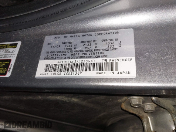 2010 Mazda 3 i Sport with VIN JM1BL1SF5A1250630, listed as a IAAI auction lot 41593863 with 161,439 mi miles and . Bid and sale history available at DreamBid. Image 9.