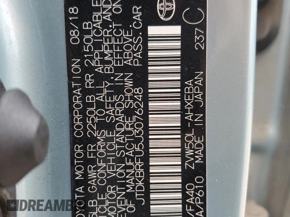 2018 Toyota Prius Two with VIN JTDKBRFU5J3076248, listed as a Copart auction lot 51899175 with 131,677 mi miles and Salvage Title. Bid and sale history available at carsss.com. Image 12.