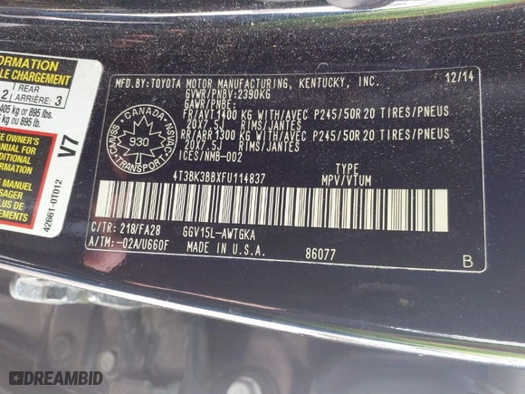 2015 Toyota Venza XLE with VIN 4T3BK3BBXFU114837, listed as a IAAI auction lot 41882330 with 251,356 mi miles. Bid and sale history available at carsss.com. Image 9.