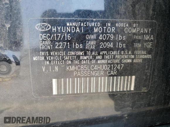 2017 Hyundai Ioniq Limited z VIN KMHC85LC4HU021247, wystawiony jako Copart lot #59724515 z przebiegiem Nie podano mil oraz Szkoda całkowita • Salvage title. Historia ofert i sprzedaży dostępna na DreamBid. Obrazek 13.