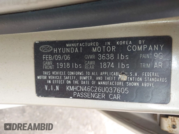2006 Hyundai Accent GLS with VIN KMHCN46C26U037605, listed as a IAAI auction lot 42431996 with 86,128 mi miles and . Bid and sale history available at DreamBid. Image 9.