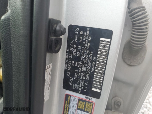 2022 Kia Rio S with VIN 3KPA24AD5NE506249, listed as a Copart auction lot 42999245 with 0 mi miles and Salvage Title. Bid and sale history available at carsss.com. Image 13.