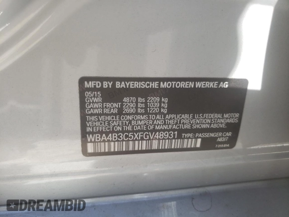 2015 BMW 4 Series 435i xDrive with VIN WBA4B3C5XFGV48931, listed as a Copart auction lot 79132484 with 89,149 mi miles and Salvage Title. Bid and sale history available at DreamBid. Image 14.