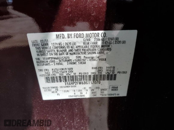 2011 Ford Taurus Limited with VIN 1FAHP2FW6BG157070, listed as a Copart auction lot 59300415 with 143,314 mi miles and Salvage title. Bid and sale history available at DreamBid. Image 13.