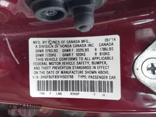 2015 Honda Civic EX with VIN 2HGFB2F85FH503798, listed as a IAAI auction lot 42019022 with 151,109 mi miles and . Bid and sale history available at carsss.com. Image 9.