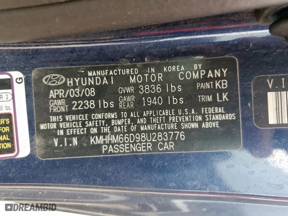 2008 Hyundai Tiburon GS with VIN KMHHM66D98U283776, listed as a Copart auction lot 51109895 with 125,095 mi miles and Salvage Title. Bid and sale history available at carsss.com. Image 12.