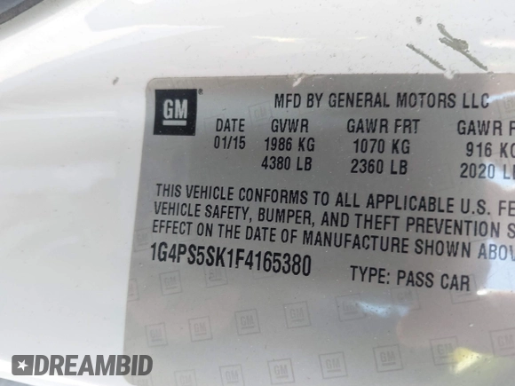 2015 Buick Verano Leather Group with VIN 1G4PS5SK1F4165380, listed as a IAAI auction lot 42017643 with 146,713 mi miles. Bid and sale history available at carsss.com. Image 9.