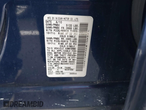 2010 Nissan Murano S z VIN JN8AZ1MU0AW014321, wystawiony jako IAAI lot #38207707 z przebiegiem Nie podano mil oraz . Historia ofert i sprzedaży dostępna na DreamBid. Obrazek 9.