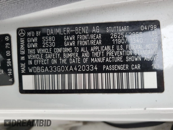 1999 Mercedes-Benz S 320/430/500 with VIN WDBGA33G0XA420334, listed as a Copart auction lot 55602345 with 239,693 mi miles and Clean Title. Bid and sale history available at DreamBid. Image 12.