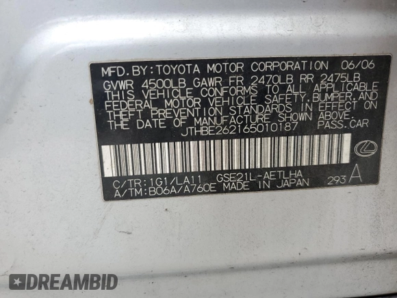 2006 Lexus IS 350 with VIN JTHBE262165010187, listed as a Copart auction lot 60073125 with 174,635 mi miles and Salvage title. Bid and sale history available at DreamBid. Image 12.