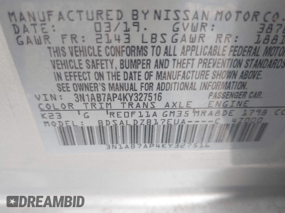 2019 Nissan Sentra SV with VIN 3N1AB7AP4KY327516, listed as a IAAI auction lot 41744167 with 127,367 mi miles and . Bid and sale history available at DreamBid. Image 9.