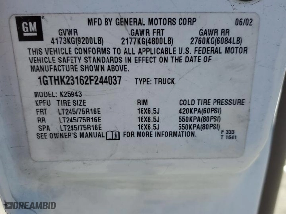2002 GMC Sierra 2500HD SLE with VIN 1GTHK23162F244037, listed as a Copart auction lot 85600664 with 171,316 mi miles and Clean Title. Bid and sale history available at carsss.com. Image 12.